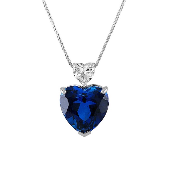 Jewelry - Sterling Silver Sapphire & White Topaz Heart Pendant Necklace.